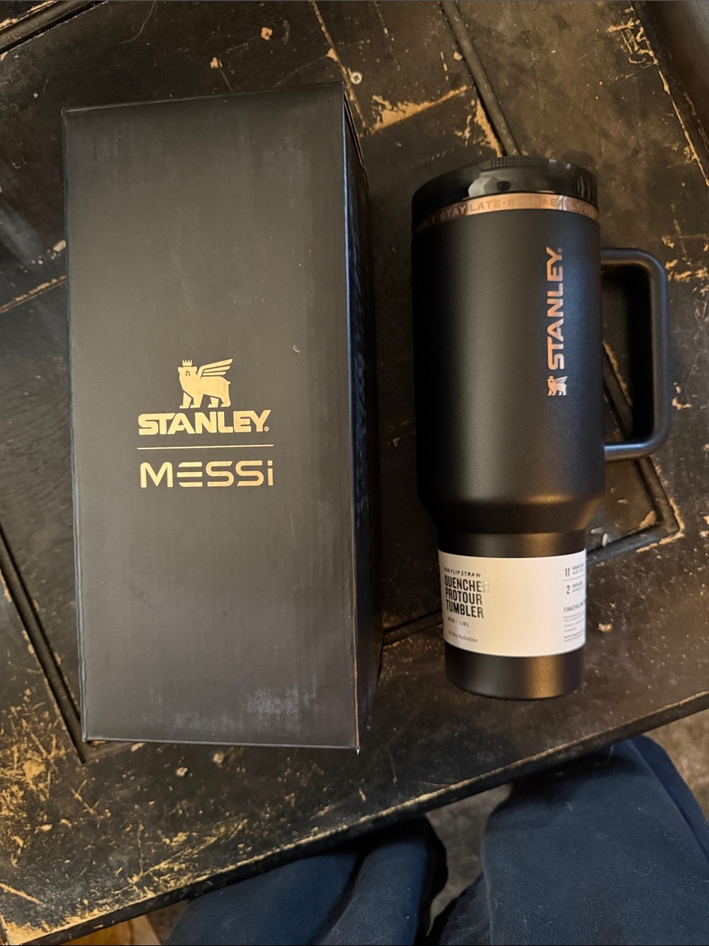 Stanley 40oz Messi Black Tumbler with Gold Logo and Handle